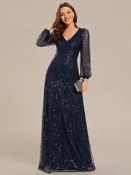 Gorgeous Evening dresses V-neck long sleeve Legant waisted Floor-Length 2024 BAZIIINGAAA of Sequin Navy Blue Guest dress
