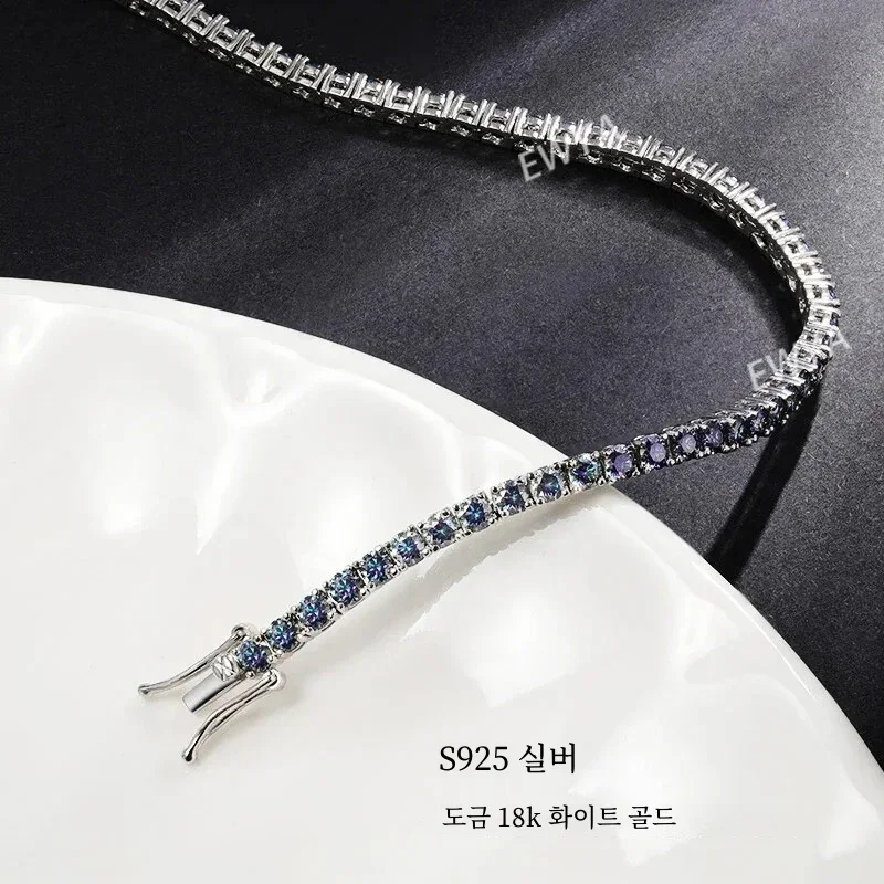 EWYA 남녀공용 럭셔리 풀 블루 그린 모이사나이트 테니스 팔찌, S925 레드 패스 다이아몬드 테스트 팔찌, 도매 선물, 3mm, 4mm, 5mm