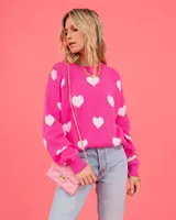 Women's Hot Pink Oversized Knit Sweater Heart Pattern Crew Neck Long Sleeve Casual Pullover Fuzzy Heart Pattern Sweater - Image 3