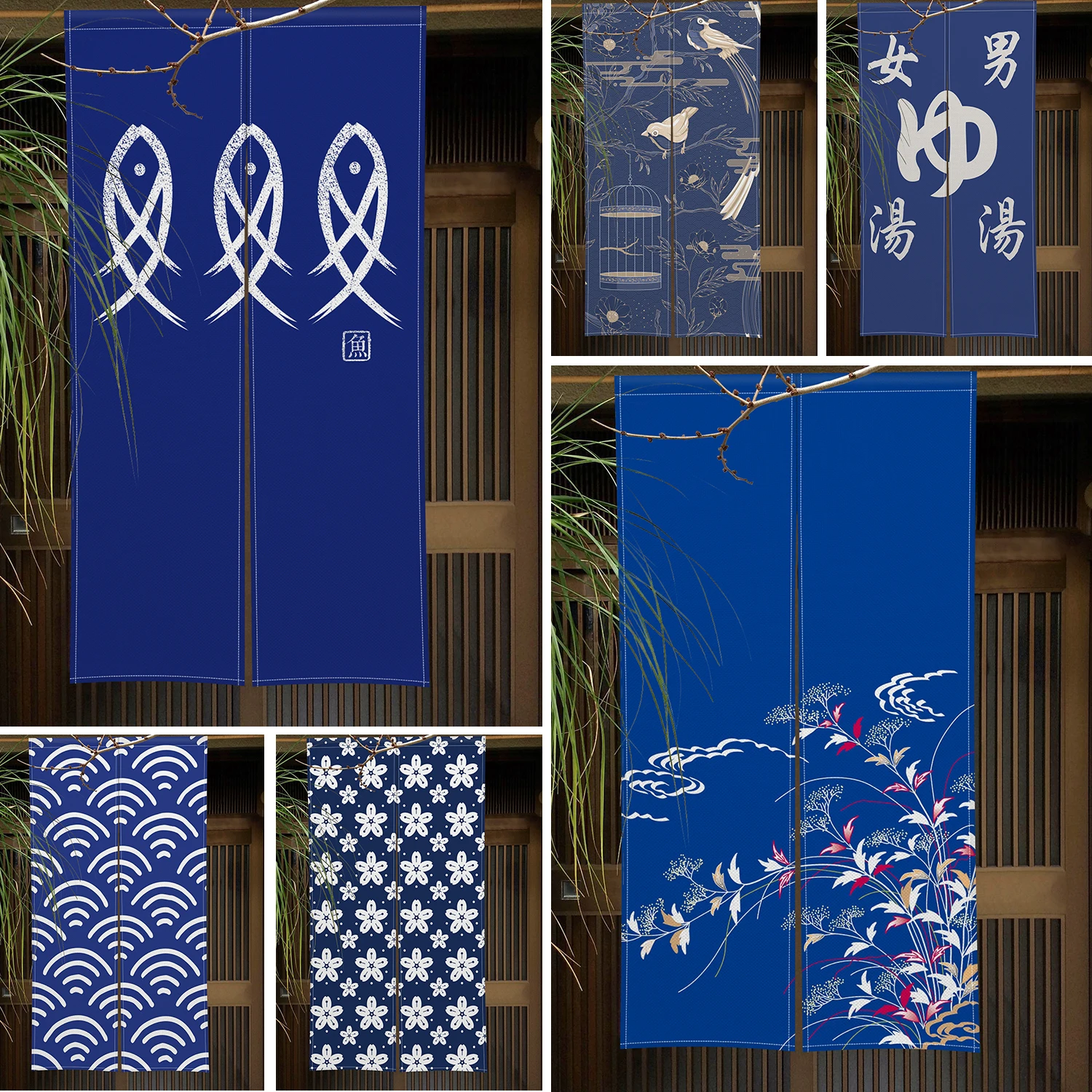 

Blue Japanese Door Curtain Fish Sushi Shop Izakaya Door Hanging Half Curtain Blackout Opaque Noren Door Curtain Home Partitions