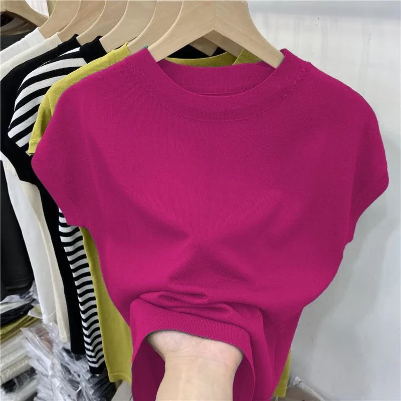 Women's T-shirt Summer O Neck Knitted Fashion Woman Blouse Short Sleeve Tees Solid Color Ice Silk Oversized T-shirt Women