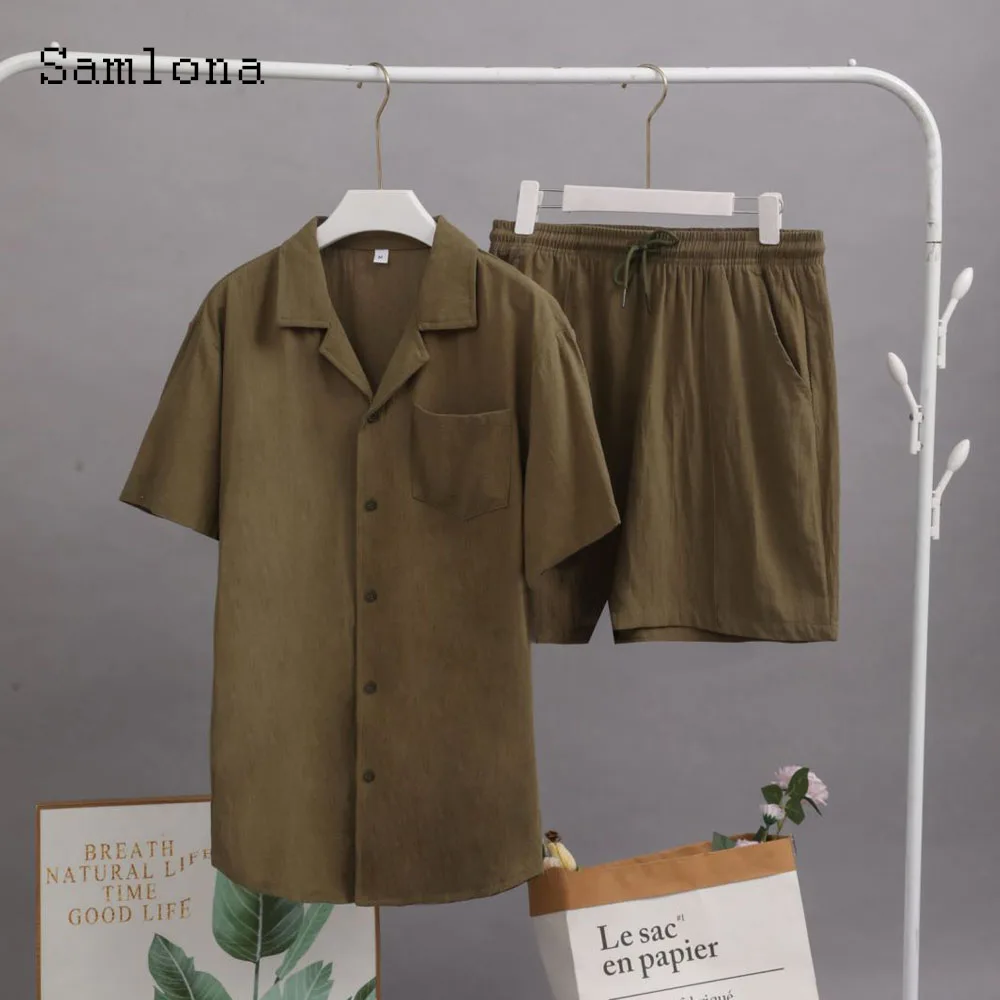 Plus Size 3xl Mens Casual Linen Two Piece Sets 2024 Western Style Fashion Shirts and White Shorts Suit Male Basic Tracksuits Set 6