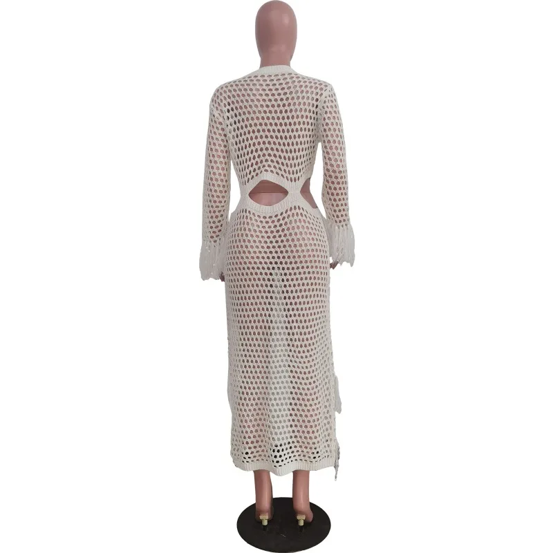 Fashion Women Cover Up Dress Sexy Hollow Out Knit Tassels Holiday Beachwear Long Sleeve Lady Maxi Beach Dresses