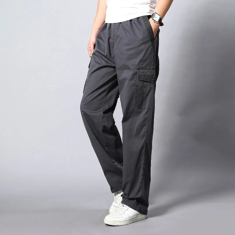 Spring Autumn Men's High Waisted Solid Pockets Zipper Elastic Splicing Embroidery Casual Sportswear Straight Leg Trousers Pants