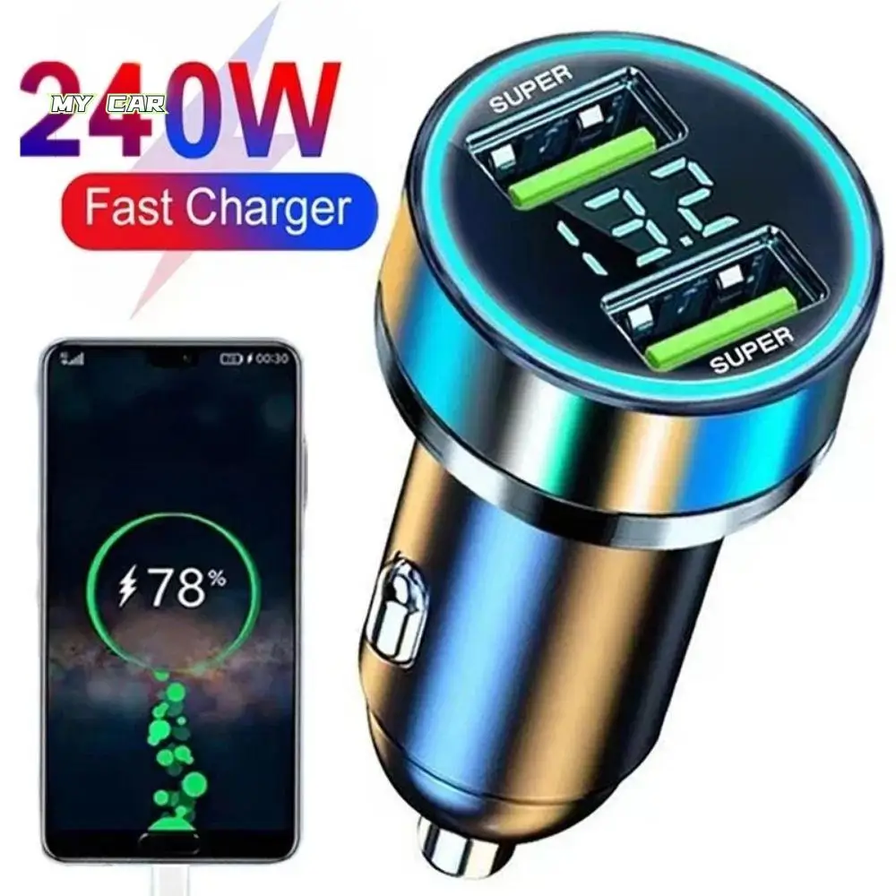 Caricatore per telefono da auto con doppia porta USB Adattatore di tipo C a ricarica rapida 12-24 V in auto non facilmente alimentato da 240 W