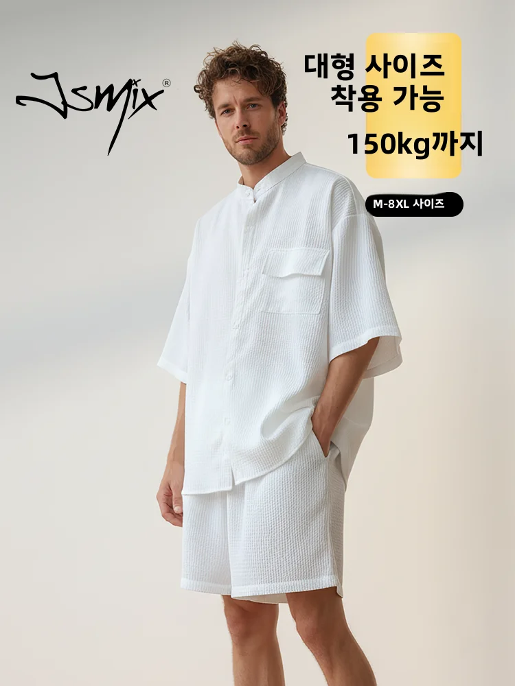 Jsmix 남성용 블랙 깅엄 셔츠 반바지 세트 대형 사이즈 봄 여름 얇은 투피스 슈트 캐주얼 스포츠웨어 폴리에스테르 섬유