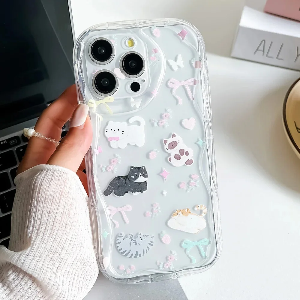 Charming Cat Bow Wrist Chain Clear Soft Phone Case