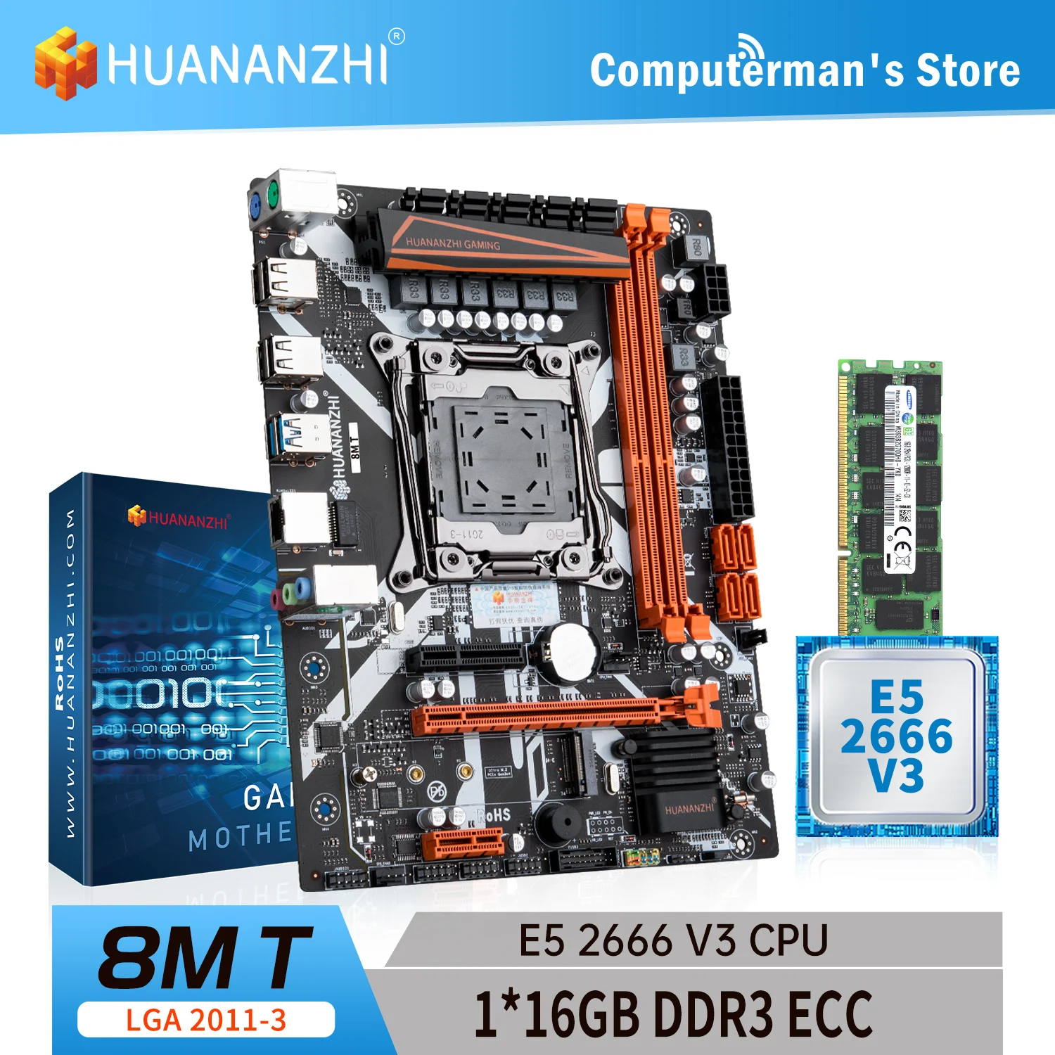 

HUANANZHI X99 8M T LGA 2011-3 X99 Motherboard combo kit set CPU Intel XEON E5 2666 V3 with 1*16G DDR3 RECC memory M.2 NVME USB