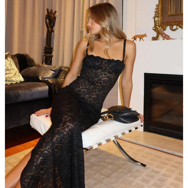 Lace Black Dress Female Slim Hollow Out Spaghetti Backless Dress Elegant Party Evening Gown Split Women Maxi Dress Summer