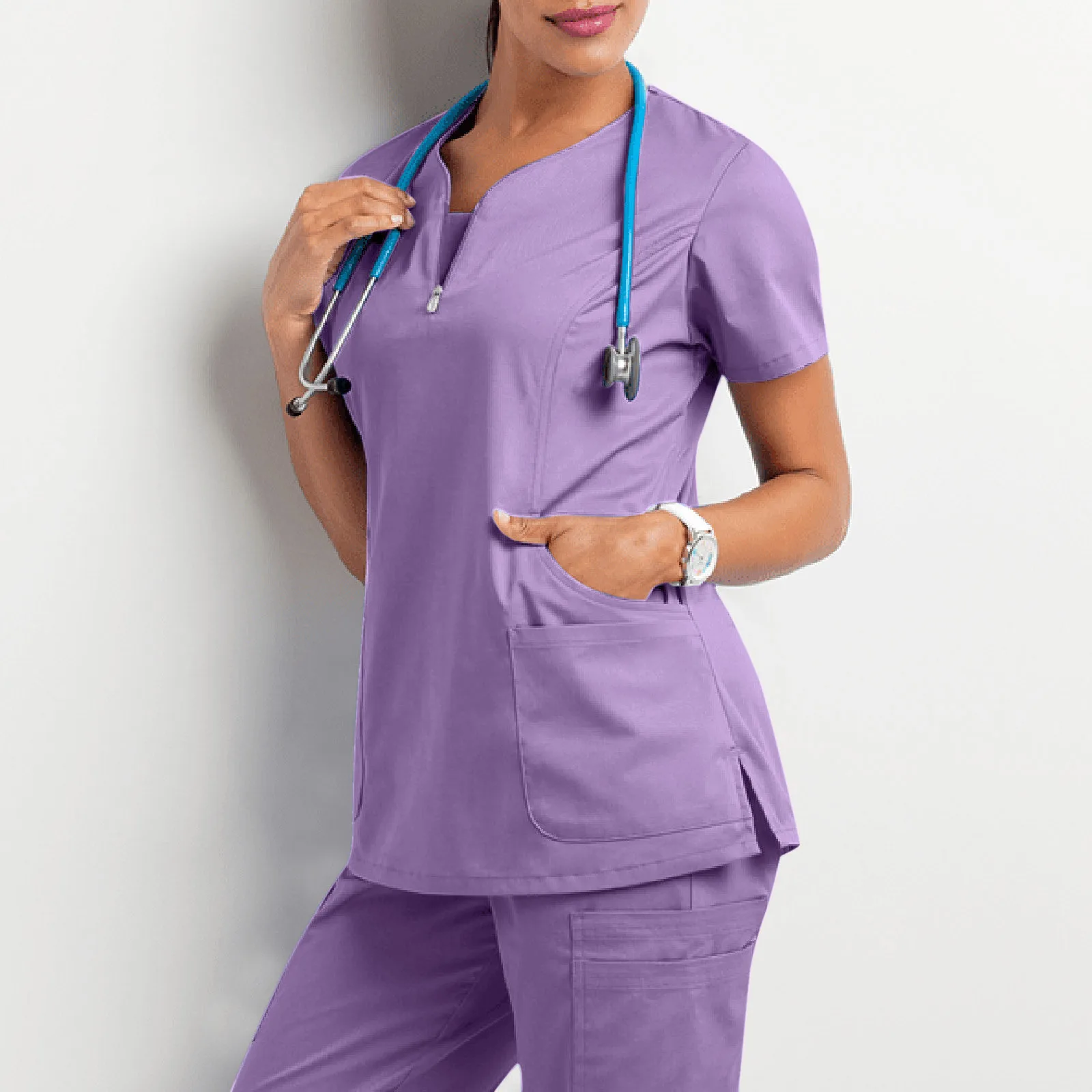 Solid Scrubs Top Nursing Uniforms Suits Womens Medical Accessories Zip