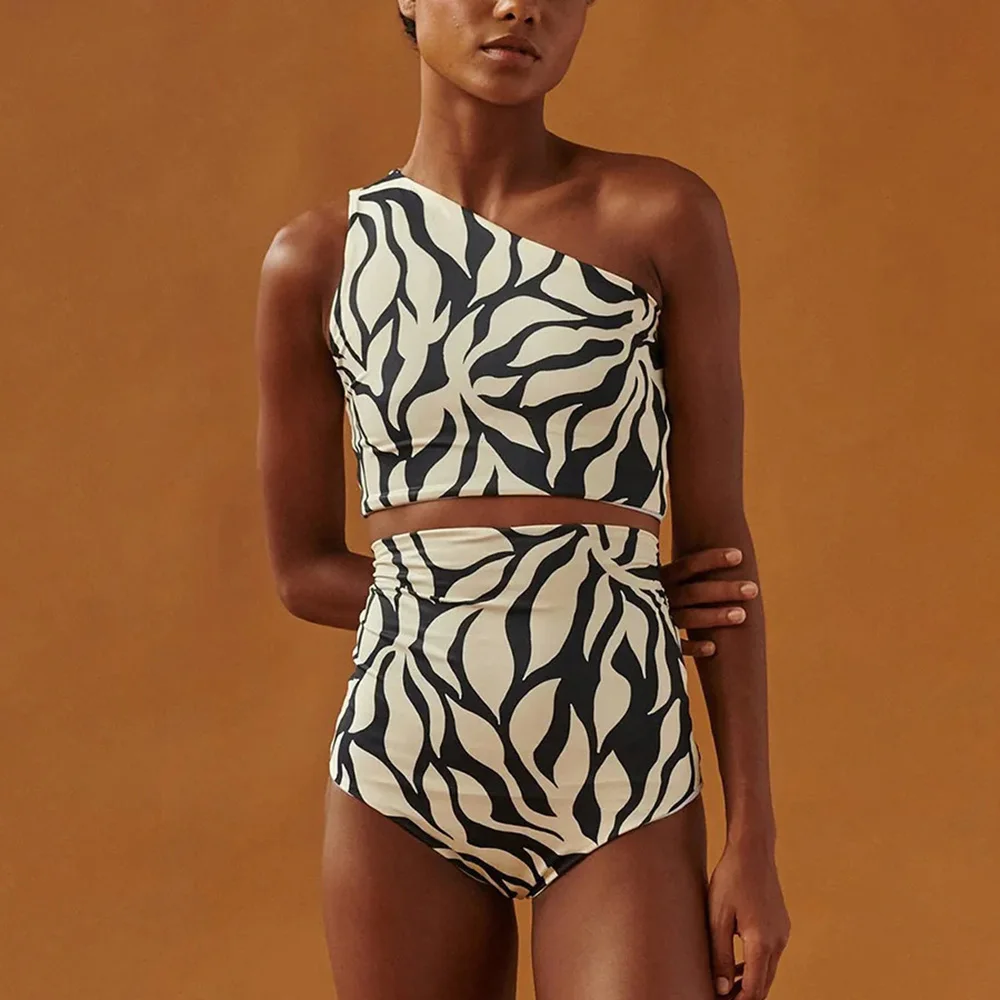 2023 New Fashion Printed Slant Shoulder Swimsuit Women's High Waist Conservative Bikini Swimwear Summer Beach Wear