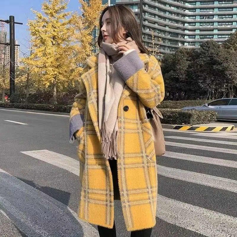 2023 Autum Winter New Women Artificial Mink-Fur Outcoat Female Loose Thicken Long Section Loose Suit Collar Checked Woolen Coat