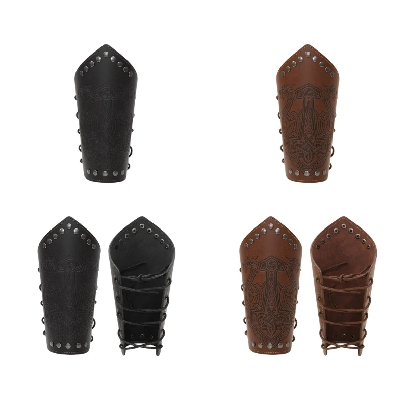 

Q1FA Medieval Men Cosplay Pirate Bracer with Embossed Pattern Lace up Vintage Pirate Knight Gauntlet Adjustable Accessories