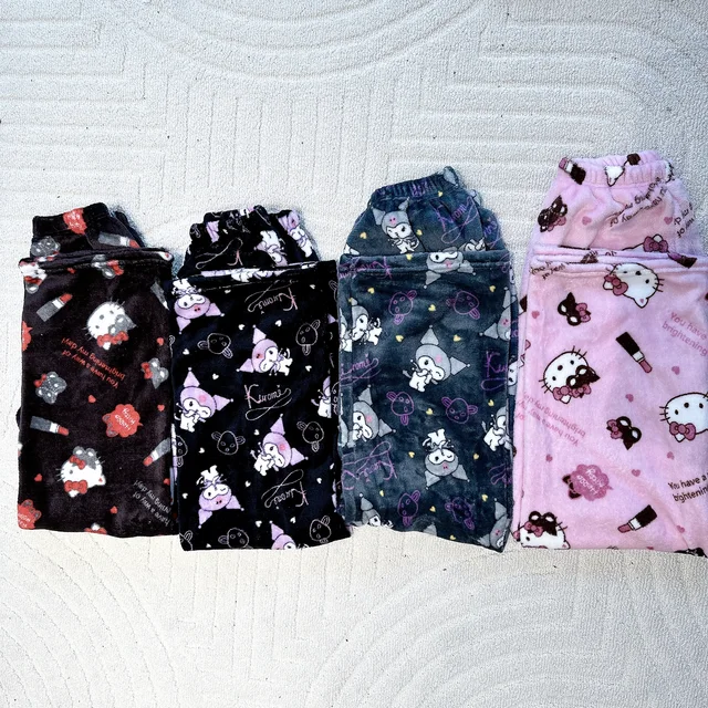 2024 New Sanrio Hello Kitty Kuromi Flannel Pajamas Warm Pants Female Winter Fleece Casual Homewear Pants Leisure Wear Girl Gift 2