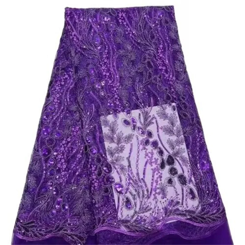 

purple Sequins Tulle Nigerian Lace Fabrics 5 Yards High Quality French Green Embroidery Mesh Lace for Sewing Party Dresses