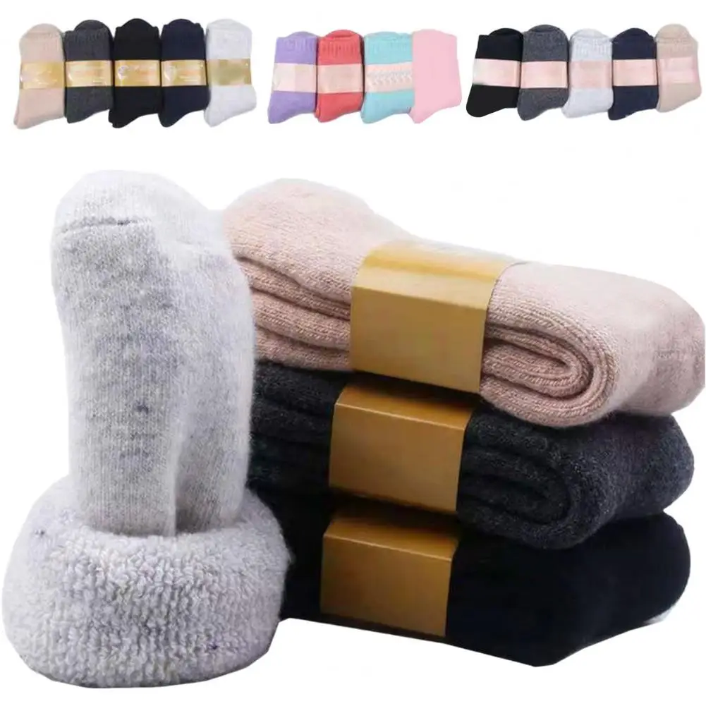 

1 Pair Super Warm Socks Mid-Tube Ribbed Cuffs High Elastic Fleece Lining Unisex Socks Faux Wool Knitted Keep Warm Crew Sock