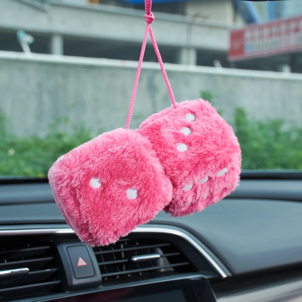 Baby Pink Fuzzy Dice With Black Hearts and Chain or Cord / Car