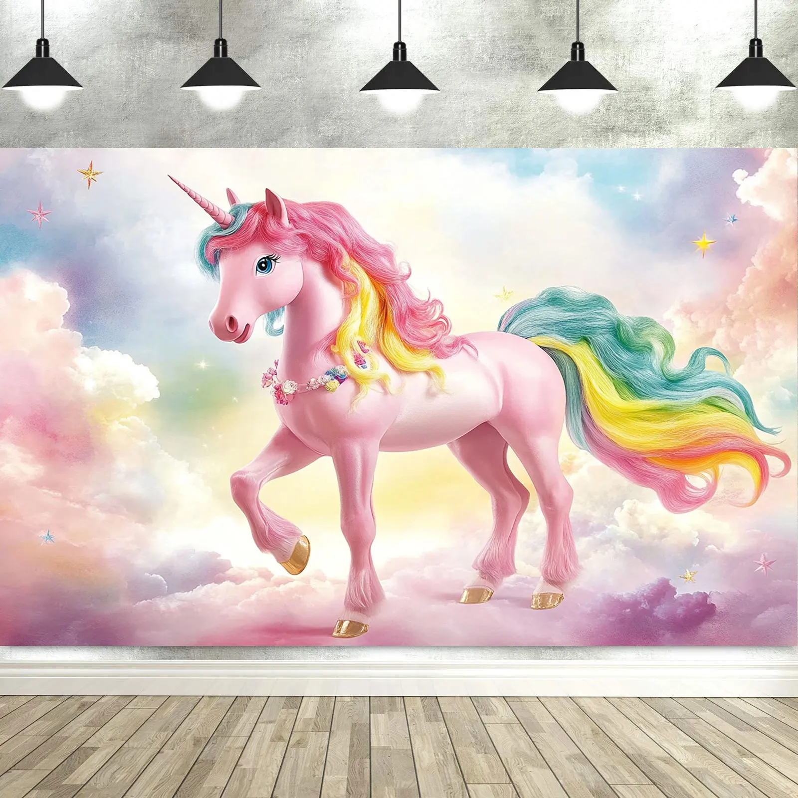 Unicorn Birthday Decorations Backdrop Girls Birthday Party Rainbow Glitter Stars Dots Happy Banner Photo Booth Prop