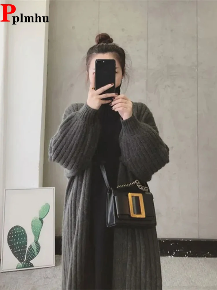 

Mid-length Korean Sweaters Loose Lantern Sleeve Knitted Cardigan Elegant Casual Knitwear Gilet New Fashion Spring Chaqueta
