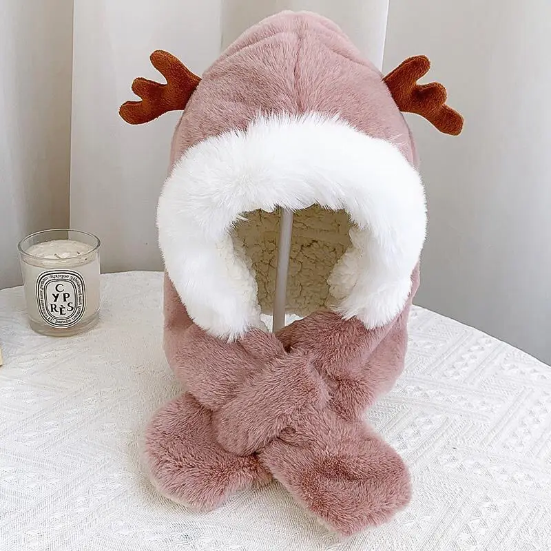 Winter children's hats scarves integrated men and girls thickened warm baby cute baby antlers windproof ear protection cap