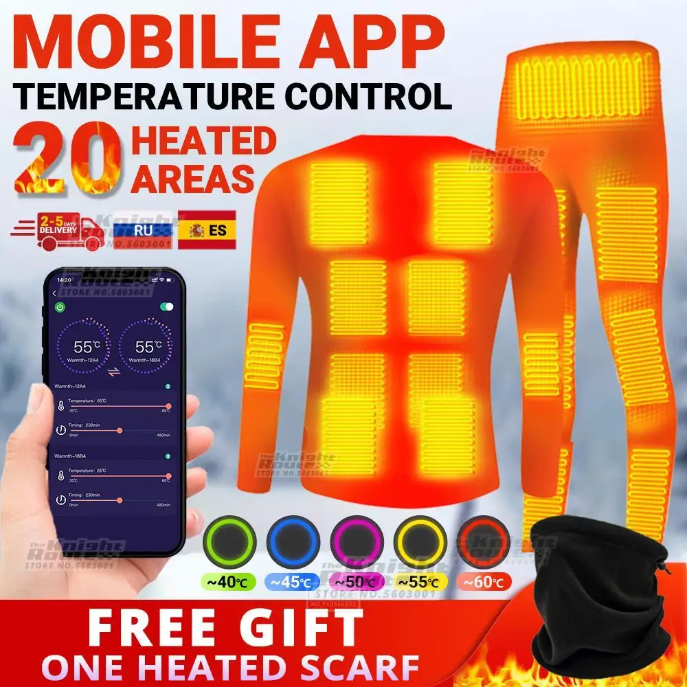 20 Areas Winter Self Heated Vest Heated Jacket Ski Suit Phone APP Control Temperature Women's Thermal Underwear Men Clothing