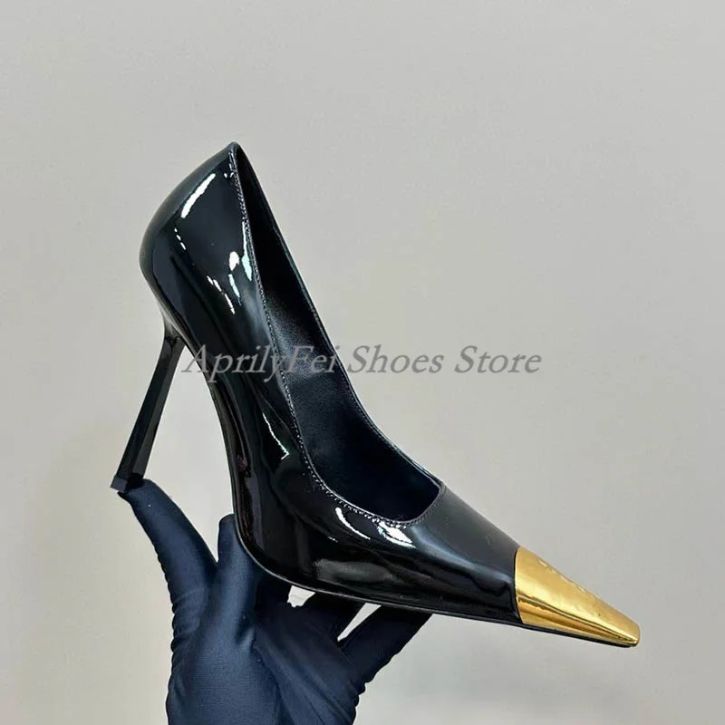 Elegant Womens Shoes Gold Pointed Toe Luxury Brand Party High Heels 4 Inch Black Patent Leather Women Dress Sandals Slingback 2