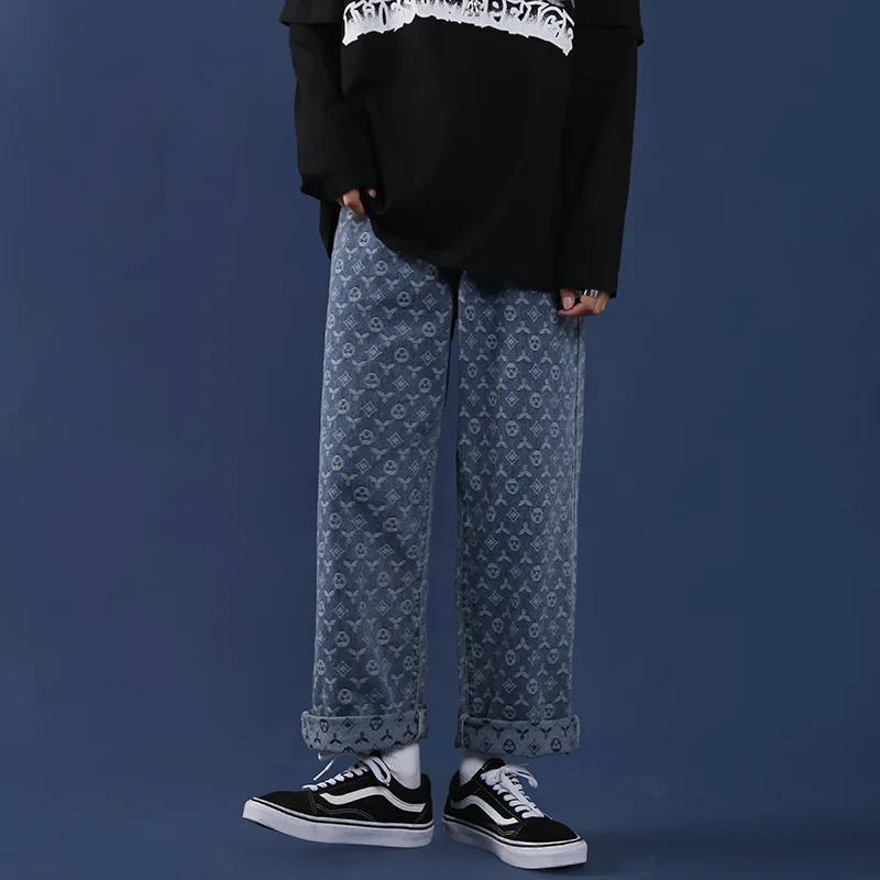 Man Jacquard Cashew Print Jeans Vintage Korea Wide Leg Pants 2024 Men Spring Autumn Fashion Mid Waist Straight Jean Streetwear