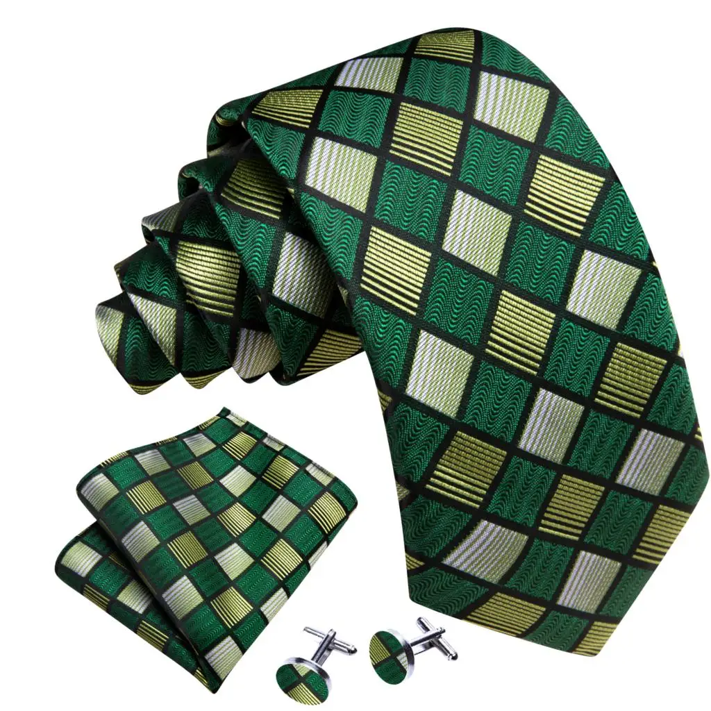 Barry.Wang Karierte Herren-Krawatte, Einstecktuch und Manschettenknöpfe Set, karierte Jacquard-Krawatte für Herren, formell, lässig, Hochzeit, Business-Party – Detail 4