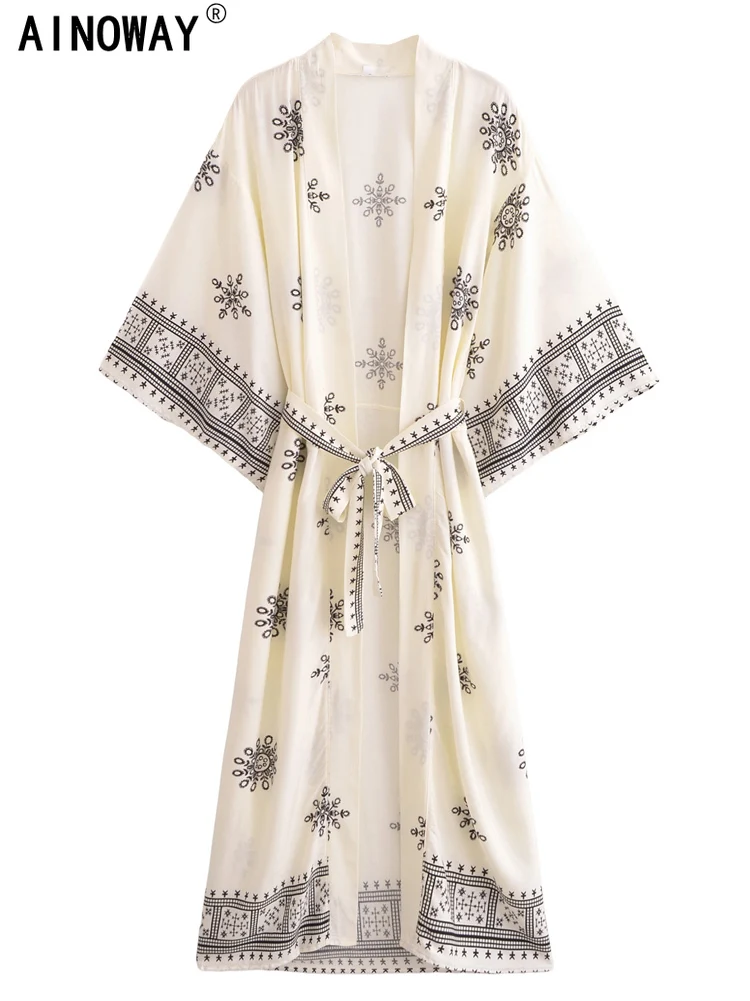 Vintage Chic Women White Floral Batwing Sleeve Beach Bohemian Kimono Wedding Robe Lady Vacation Summer Boho Cover-ups 1