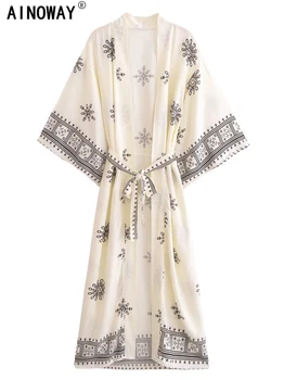 Vintage Chic Women White Floral Batwing Sleeve Beach Bohemian Kimono Wedding Robe Lady Vacation Summer Boho Cover-ups 1