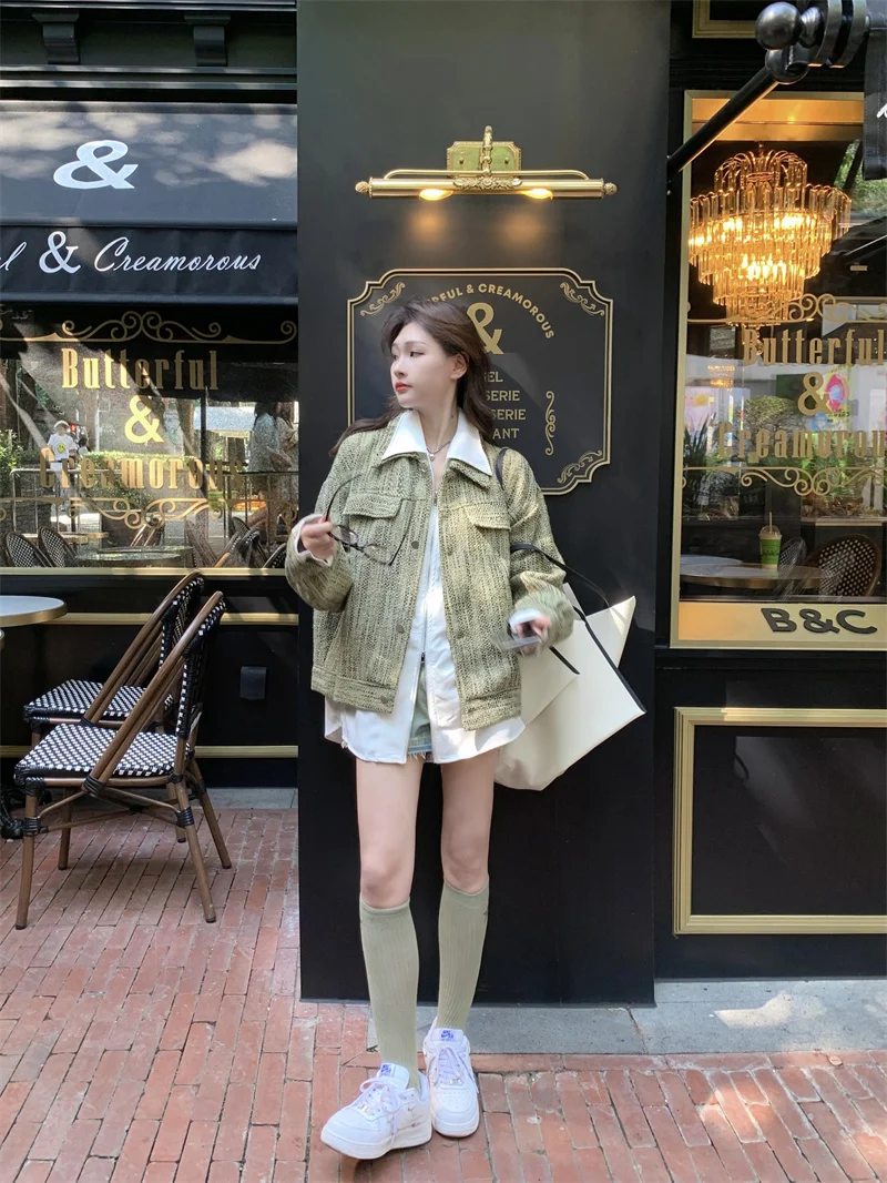 Women Korean Version Fitting Slimming Fake Two-piece Coat For Autumn 2024 With a Design Sense of Small Fragrant Style top Trend