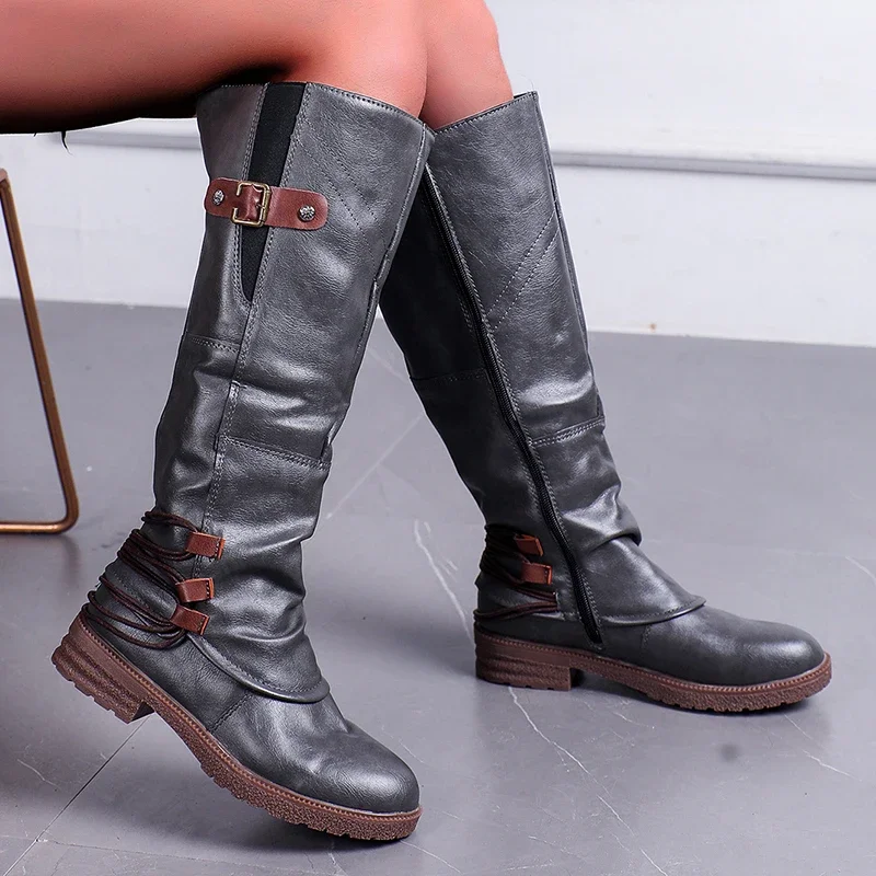 

Женские ковбойские сапоги до колена, винтажные сапоги из искусственной кожи в Западном ретро-стиле на платформе и низком каблуке, с круглым носком, осень 2023