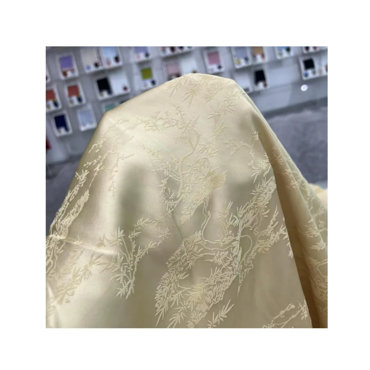 한푸 의류용 식물 패턴 태피터 원단, 치파오 상의 및 말꼬리 스커트, 빈티지 스타일 아세테이트 시뮬레이션 실크