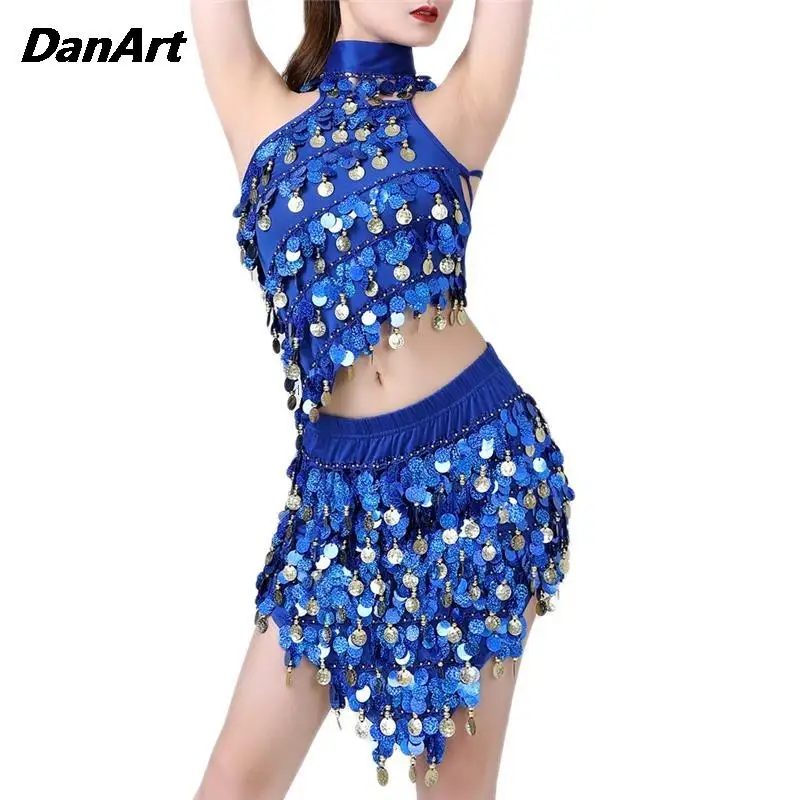 

Belly Dance Stage Performance Costume Latin Sequin Dance Costume Lady Shiny Coins Tassel Dancing Set Rumba Cha cha Tango Suit