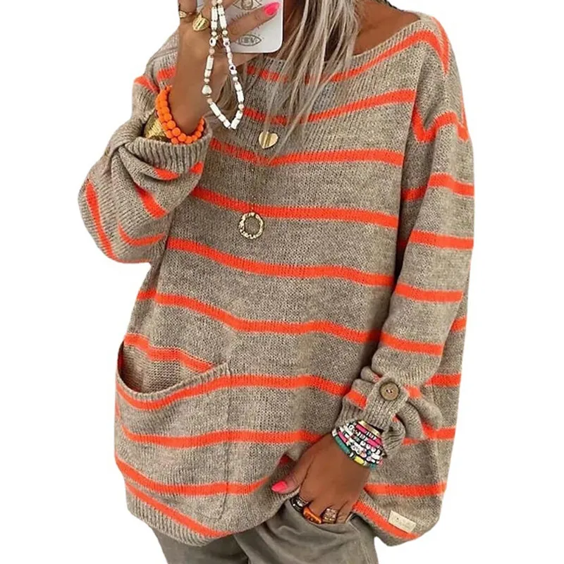 

Fashion Hit Color Stripe Sweater Women New Autumn Winter Round Collar Casual Loose Knitted Pullover Tops s670