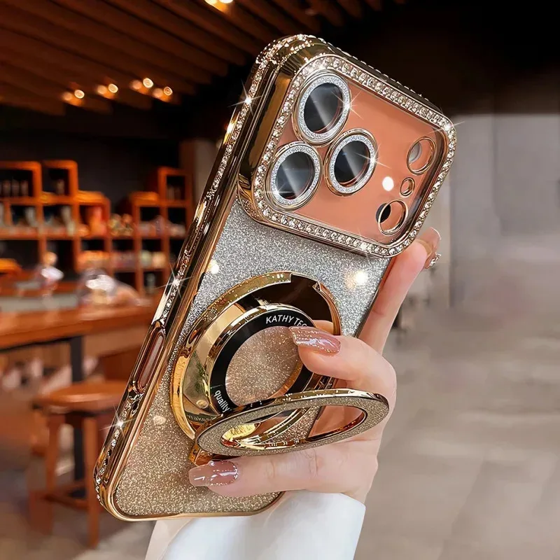 Plating transparent diamond glitter magnetic phone case for iPhone 17 16 13 14 15 Pro Max lens protection bracket back cover 2