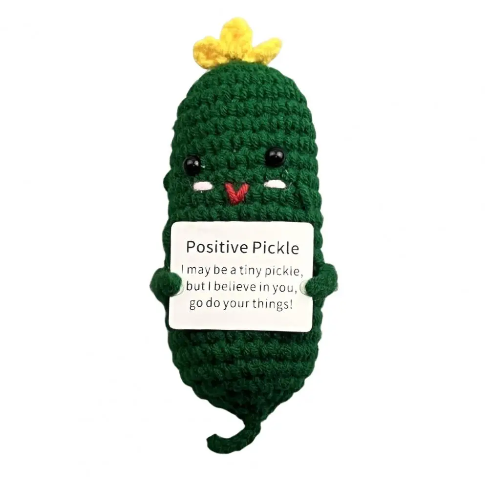 

Crocheted Pickle Companion Smiling Cucumber Knitted Doll Ornament with Positive Card Hand Woven Woolen Yarn Decoration for Kids