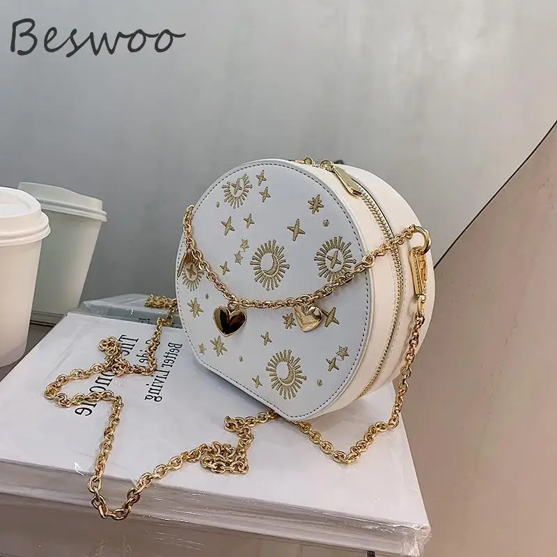 

New Embroidery Round Bag for Women Luxury Designer Bag Vintage Chain Female Crossbody Bags Ladies Personality Handbag Purses