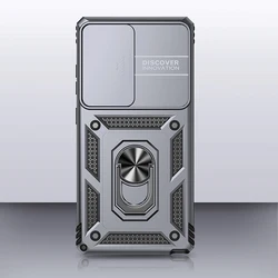Protective Case with Slide Lens Cover and Rotating Ring Stand for Galaxy S25 Ultra (Silver)