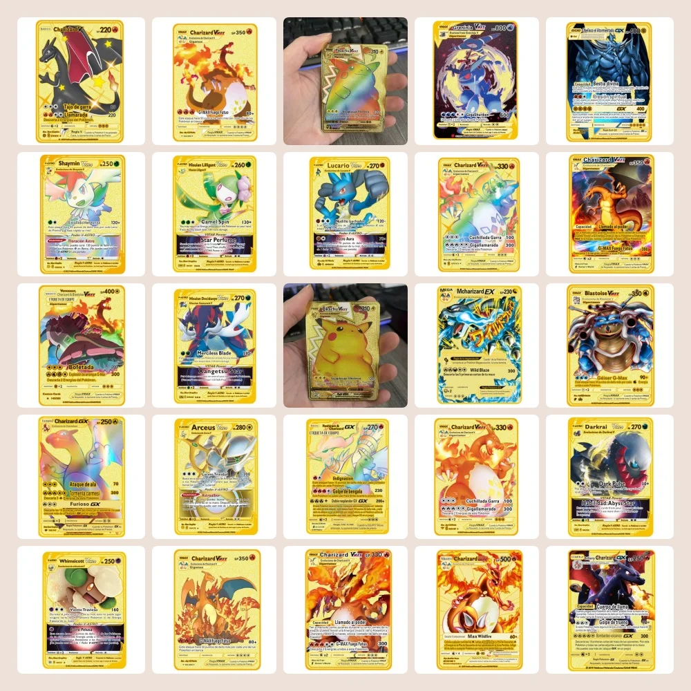 

Spanish pokemon cards gold metal pokemon cards Spanish hard iron cards mewtwo pikachu gx charizard vmax package game collection