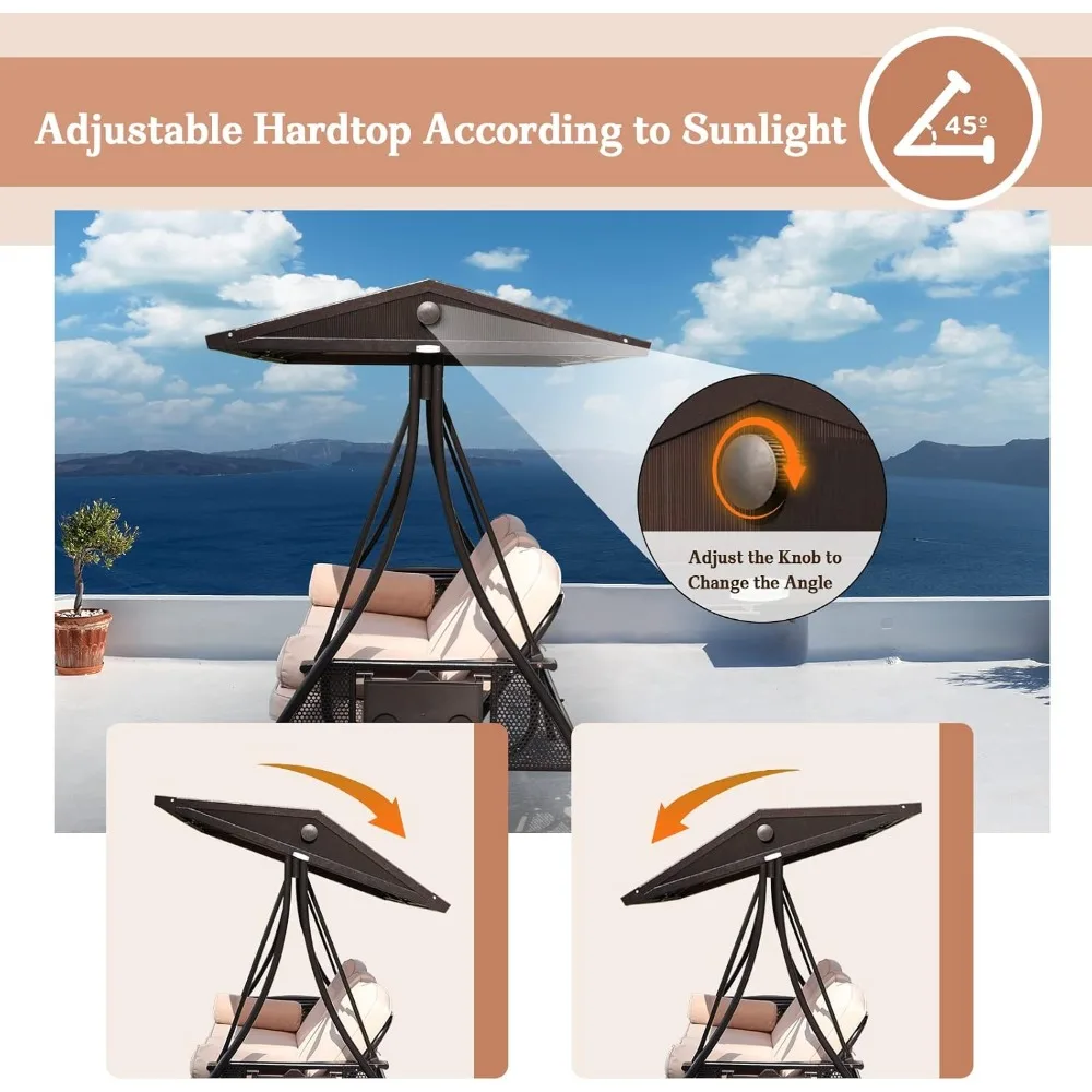 Outdoor Porch Swing with Polycarbonate Hardtop,  3 Seat Patio Swing with Convertible Backrest,  2 Side Cup Holder 3