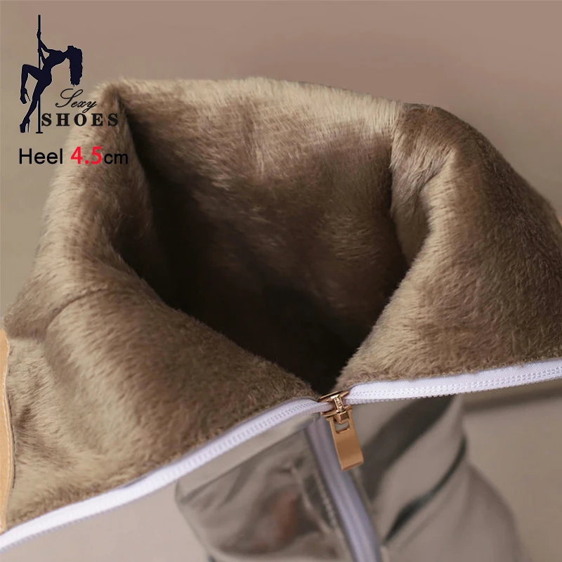 4.5CM Chunky Heel Women Knee High Boots Luxurious Silver Stage Show Shoes Belt Buckle Design Winter Square Toe Party Long Boots