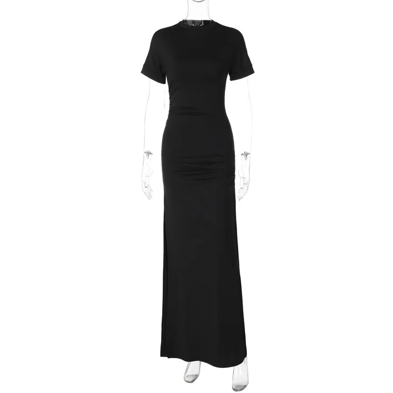 Women's Elegant O Neck Maxi Dress Short Sleeve Slim High Waist Shirring Dress Sexy Side Slit Evening Club Bodycon Dress Lady