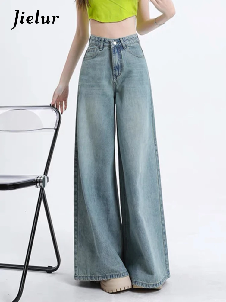 Jielur Washed Vintage Slim Loose Women Jeans Solid Color High Waist Simple Zipper Pockets Basic Office Lady Autumn Female Pants