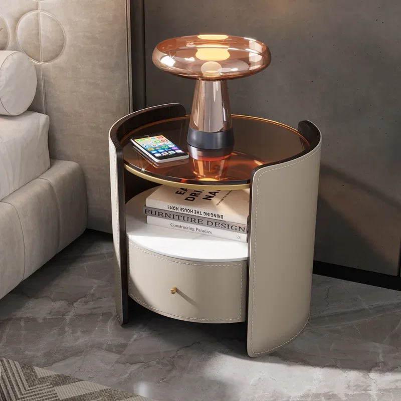 

Мебель для спальни, итальянская Чрезвычайно простая седельная кожаная круглая тумбочка, Современная тумбочка из массива дерева, шкаф для хранения