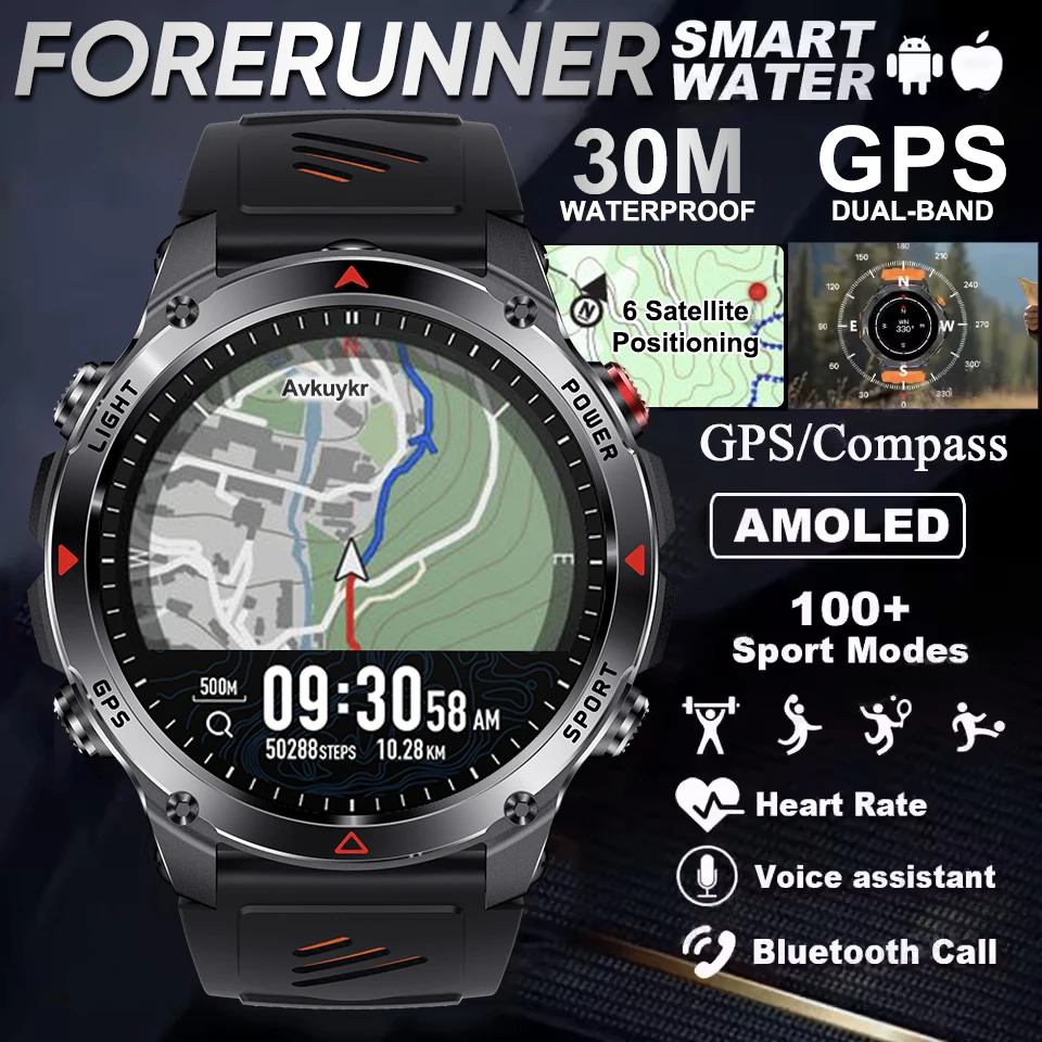 Forerunner 570 GPS montre intelligente 3ATM étanche AMOLED écran MULTI-bande GNSS boussole altimètre lampe de poche sport Smartwatch hommes