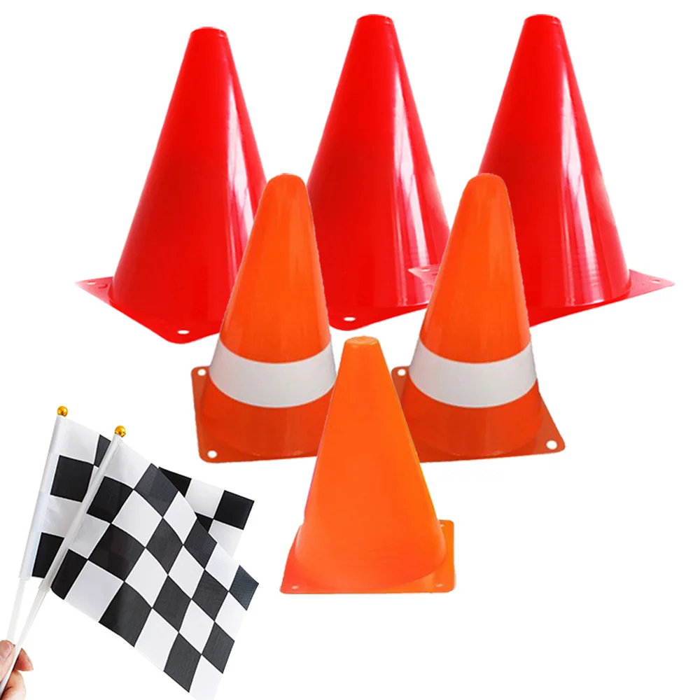 5-30pcs 23cm Traffic Cones And Racing Checkered Flags Mini Red Sports Safety Cones Race Car Birthday Party Decorations Supplies