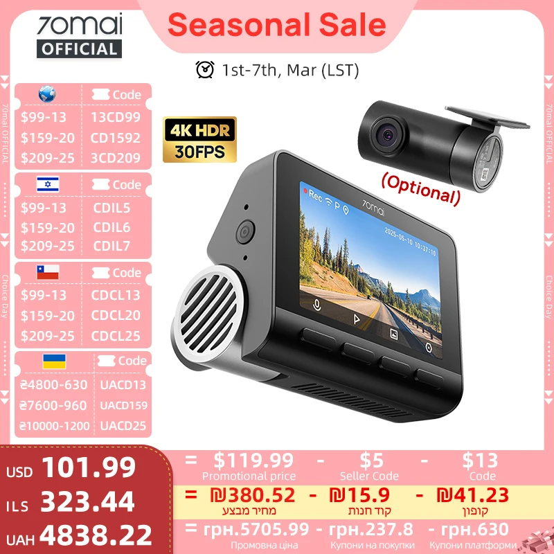 New 70mai Dash Cam A810S 4K HDR GPS ADAS Auto Record Dual-Channel