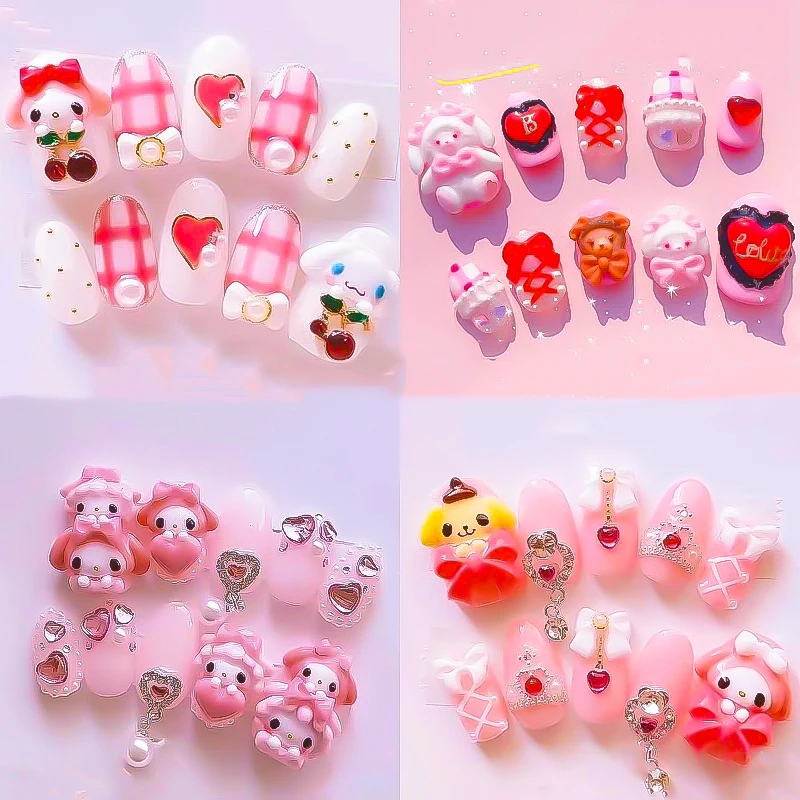 

New Diy Nail Tips Nail Patch Sanrio Kitty Kuromi My Melody Cartoon Winter Dopamine Three-Dimensional Nail Patch Finished Kawaii