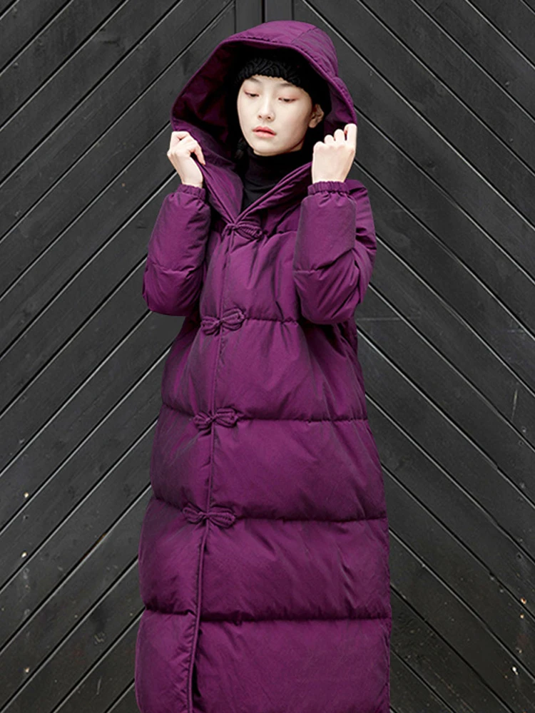 Chinese Style Winter Purplish Red White Goose Down Down Jacket Women's Hooded Mid-Length Overknee Thickened
